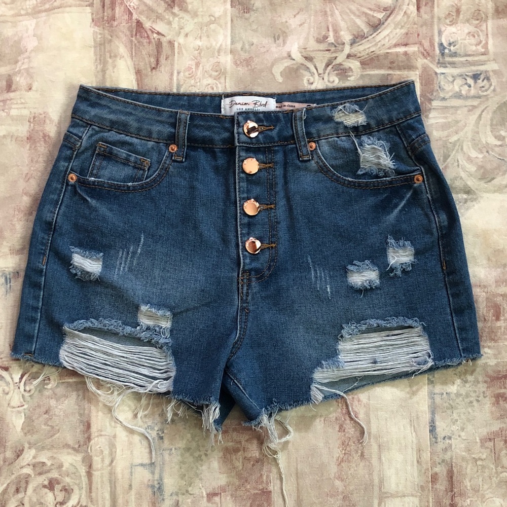 High-Rise Distressed Denim Shorts with Exposed Button Fly - Blue